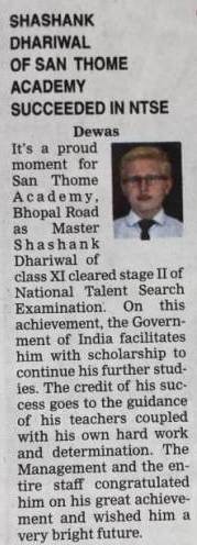 Shashank Dhariwal of San Thome Academy Succeeded in NTSE