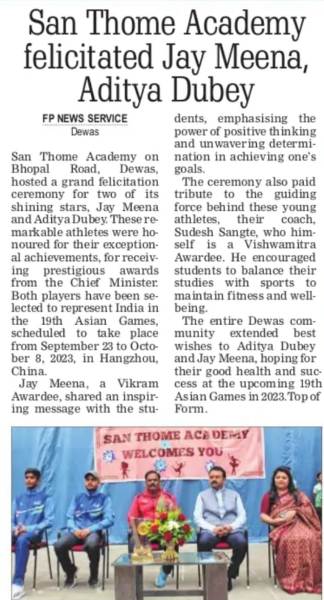 San Thome Academy felicitated Jay Meena and Aditya Dubey