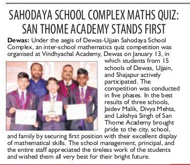 Sahodaya School Complex Maths Quiz :  San Thome Academy Stands First